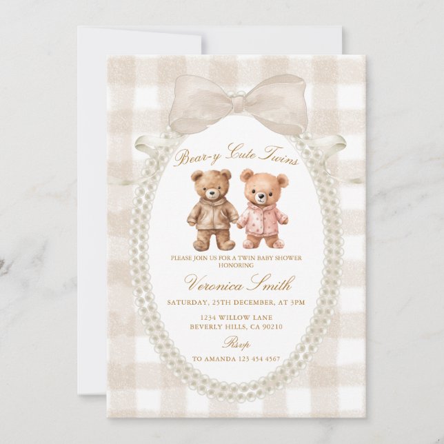 Convite Gêmeos Beige Branco Fofo Urso Churrasco de Bebê (Frente)