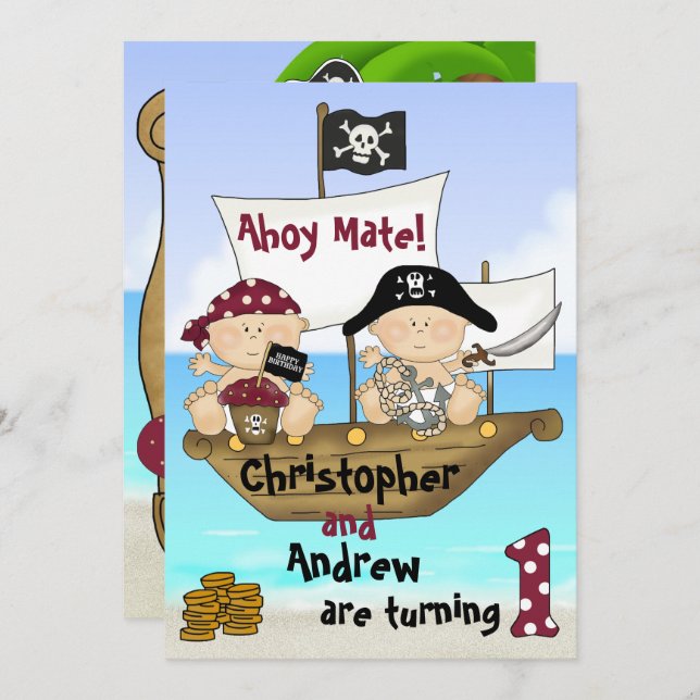 Convite Gêmeos bonitos Pequeno Buccaneeiro ~ primeiro aniv (Frente/Verso)