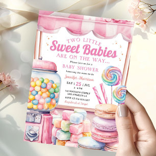 Convite Gêmeos Candyland Chuvinha de Bebê Rosa Meninas Doc