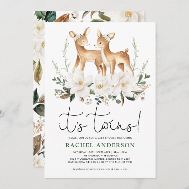 Convite Gêmeos-cervos Doce Chá de fraldas Ivory Floral Gre (Frente/Verso)