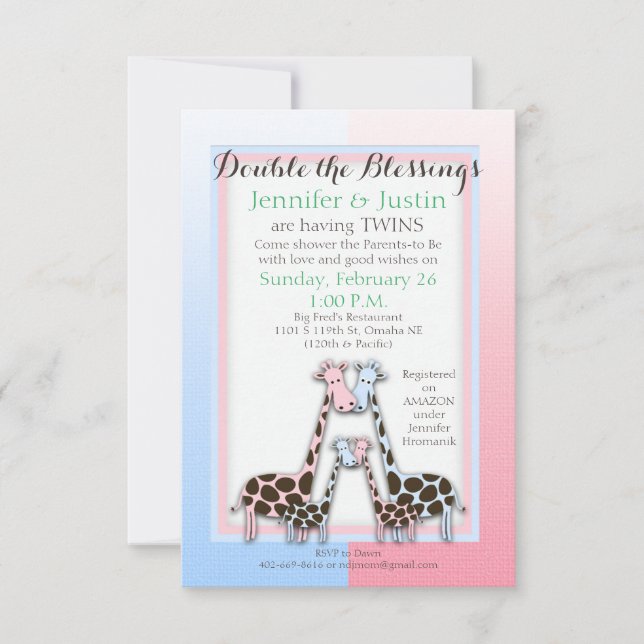 Convite Gêmeos Chá de fraldas Bebê Girafas Azul e Rosa (Je (Frente)