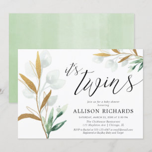 Convite Gêmeos chá de fraldas de ouro verde neutro em term