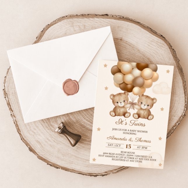 Convite Gêmeos Chá de fraldas Neutro do Balão do Urso de T (Criador carregado)