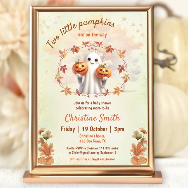 Convite Gêmeos Chá de fraldas Neutro do Fantasma da Bomba  (Twins Halloween Pumpkin Ghost Neutral Baby Shower Invitation)