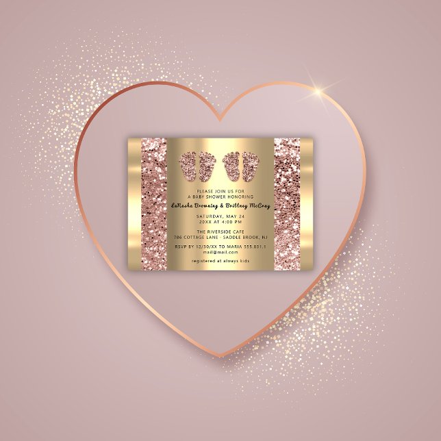 Convite Gêmeos Chá de fraldas Rosa Glitter Garota Dourada (Twins Baby Shower Feet Rose Glitter Boy Girl Gold Invitation)
