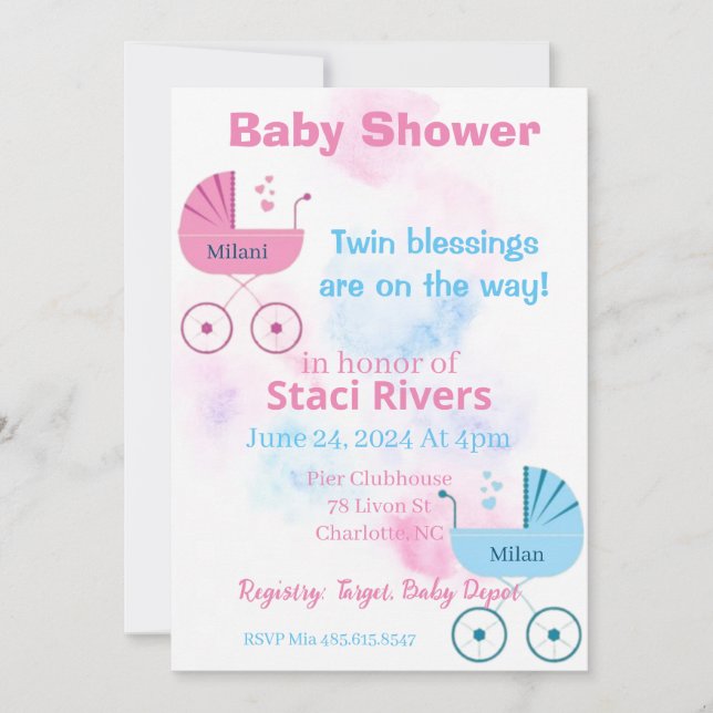 Convite Gêmeos chás de fraldas Carruagems (Frente)