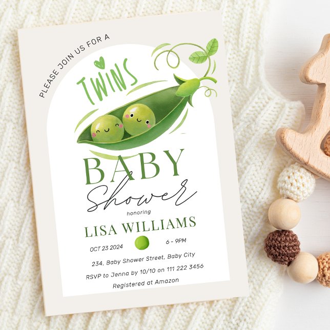 Convite Gêmeos Chás de fraldas em Pod Boys Neutros (Twins Baby Shower Peas In A Pod Boys Girls Neutral Invitation)
