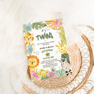 Convite Gêmeos Chuveiro de Bebê Safari Boho Animais