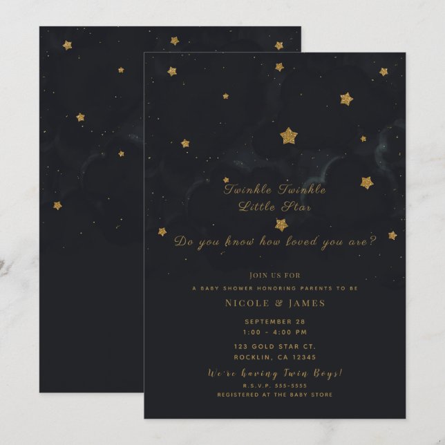 Convite Gêmeos Chuvinha de Estrelas Céu Noturno Dourado e  (Frente/Verso)