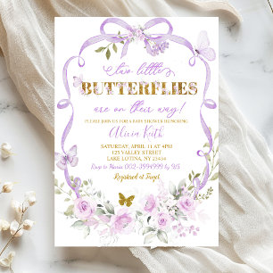 Convite Gêmeos Coquette Floral Roxa Borboleta Chás de Bebê