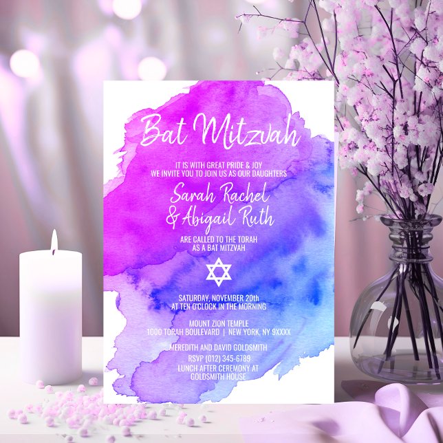 Convite Gêmeos Cores Aquíferos Púrpura Azul Estrela Azul B (Twins Watercolor Purple Blue Star BAT MITZVAH Invitation)