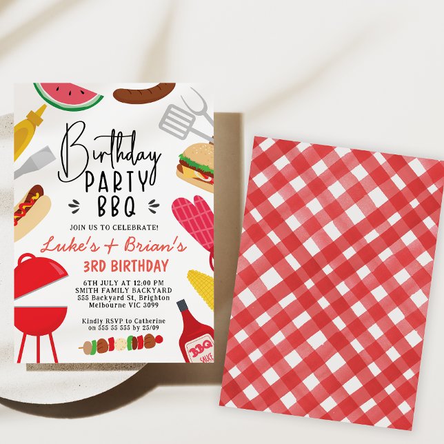 Convite Gêmeos de Churrasco Vermelho ou Ingressar no Convi (Red Joint BBQ birthday Party Invitation, Dual BBQ Birthday Party Invite Barbecue Summer Party Invite)