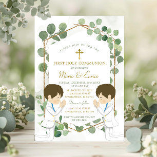 Convite Gêmeos de Eucalipto Menino Verde Dourado Sagrada C