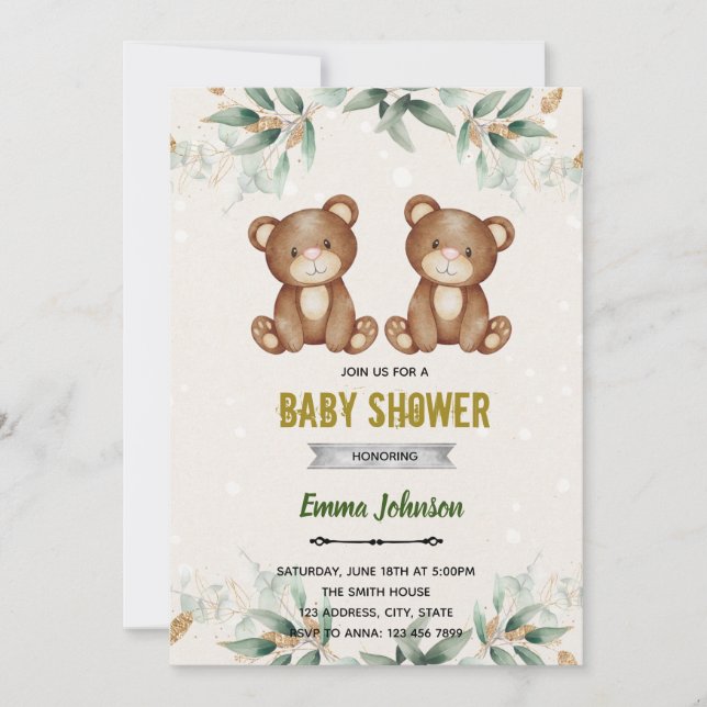 Convite Gêmeos de verde tema de chuveiro de urso (Frente)
