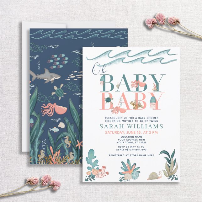 Convite Gêmeos debaixo do Mar Aquarela Oh Chá de fraldas B (Criador carregado)