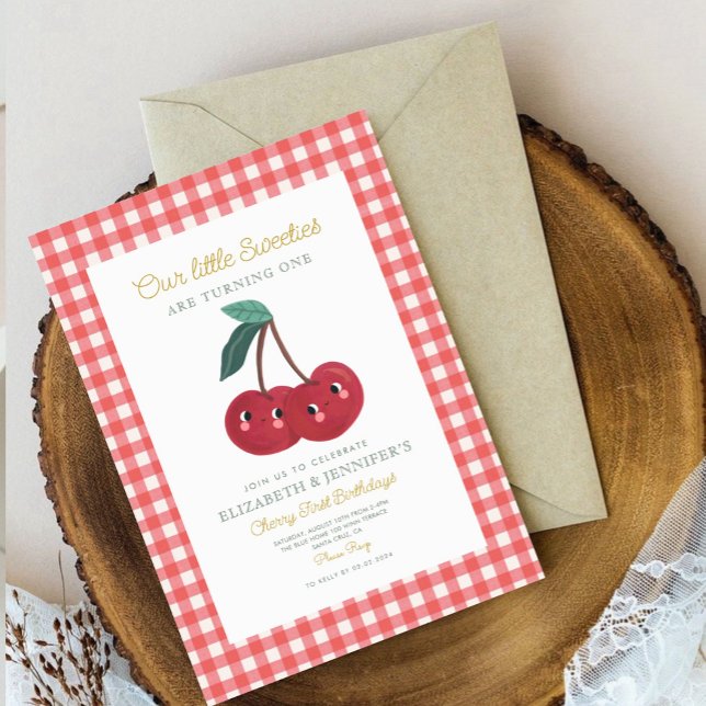 Convite Gêmeos docinhos Cherry Primeiro Aniversário (Criador carregado)