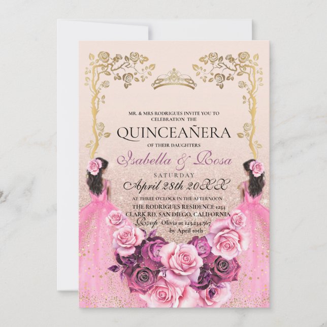 Convite Gêmeos Dourados cor-de-rosa com Quinceañera (Frente)