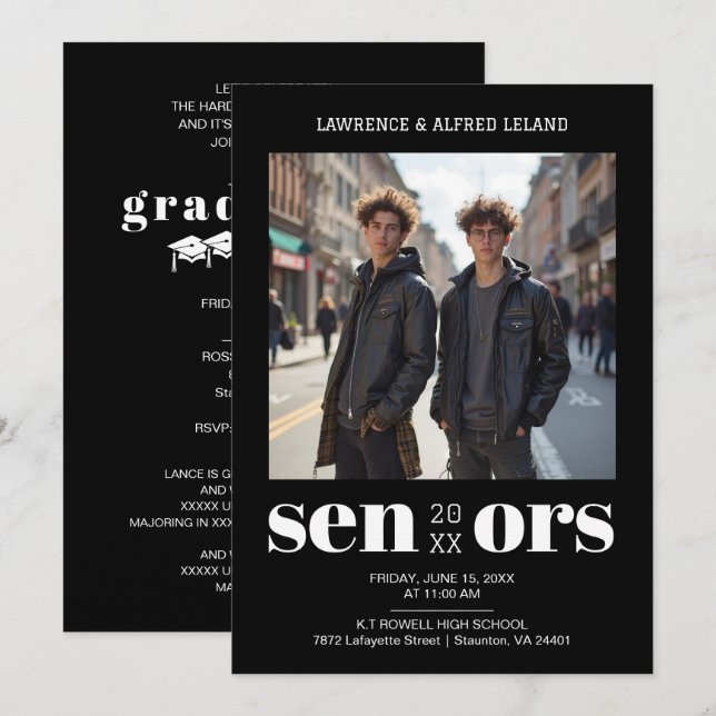 Convite Gêmeos Elegantes e Ousados Irmãos Graduandos Senio (Frente/Verso)