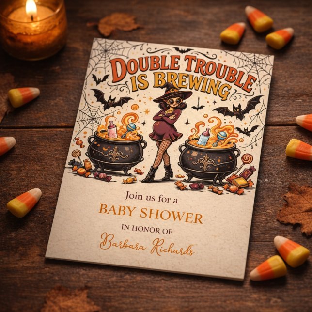 Convite Gêmeos estão a Caminho no Halloween (Double Trouble is Brewing Halloween Twins Invitation)