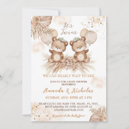 Convite Gêmeos Festa de Bebê Urso Boho Fofo