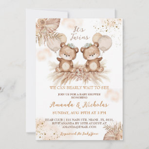 Convite Gêmeos Festa de Bebê Urso Boho Fofo
