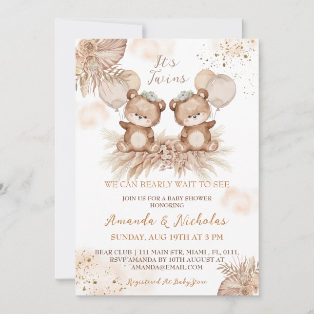 Convite Gêmeos Festa de Bebê Urso Boho Fofo (Frente)
