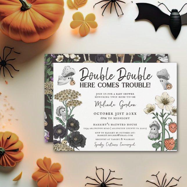 Convite Gêmeos Florais Brancos Bonitos Querem Chá de frald (Twins Halloween baby shower invitations)