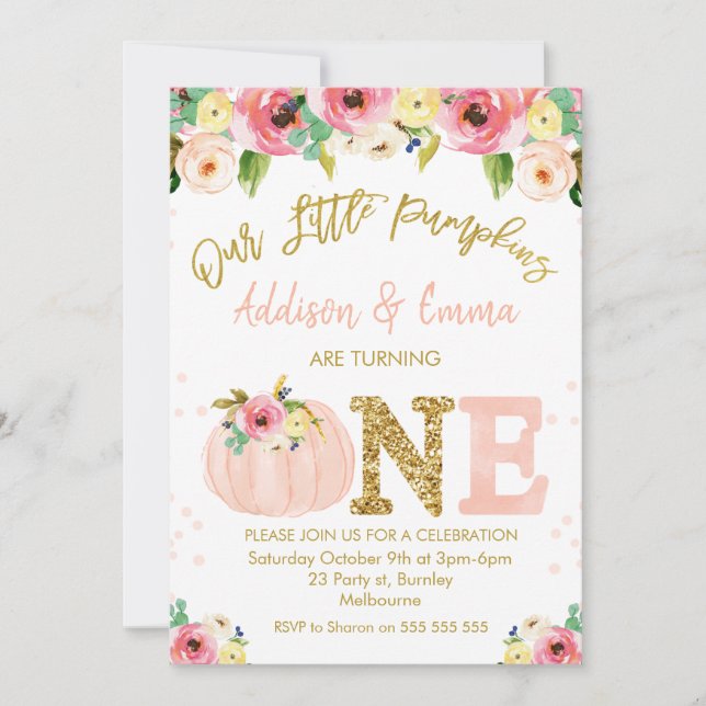 Convite  Gêmeos Florais Nosso Pequeno Aniversário De Abóbo (Frente)