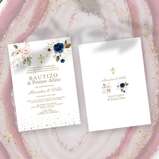 Convite Gêmeos Flores Azuis Rosa Primer Añito Bautizo (Twins Pink Blue Flowers Primer Añito Bautizo Invitation, trendy, elegant, modern, rustic)