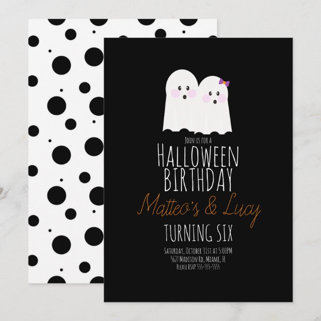 Convite Gêmeos Fofos de Fantasma de Halloween Aniversário  (Frente/Verso)