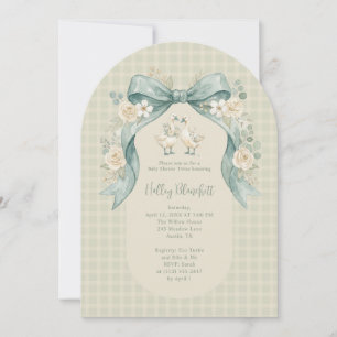 Convite Gêmeos Gansos Doces Chuveiro de Bebê Sage Gingham 