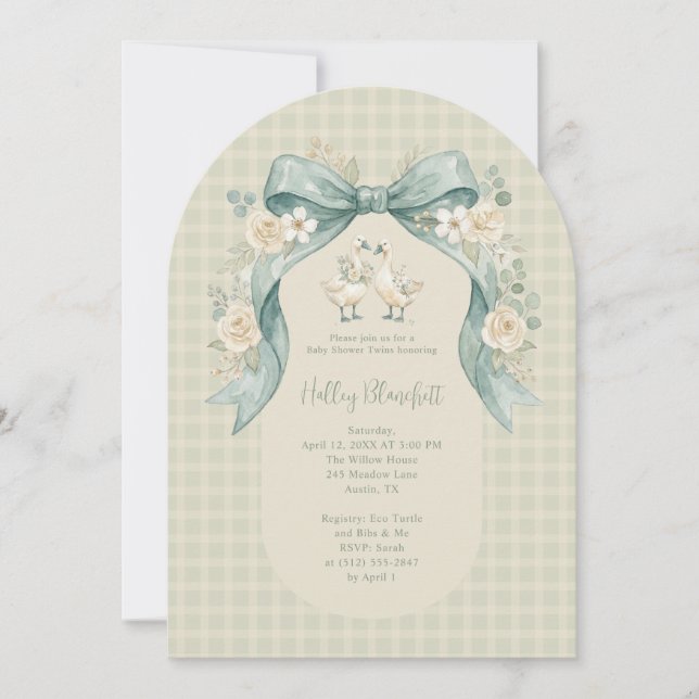 Convite Gêmeos Gansos Doces Chuveiro de Bebê Sage Gingham  (Frente)
