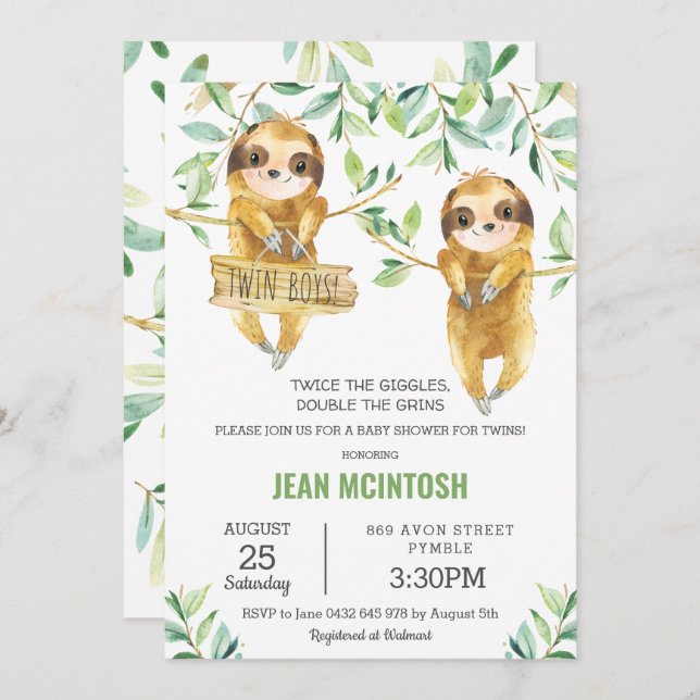 Convite Gêmeos gêmeos Chás de fraldas de Lama Verde (Frente/Verso)