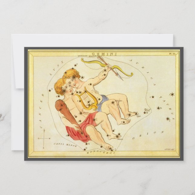 Convite Gêmeos Gêmeos Vintage Constelação Espelho de Urâni (Frente)