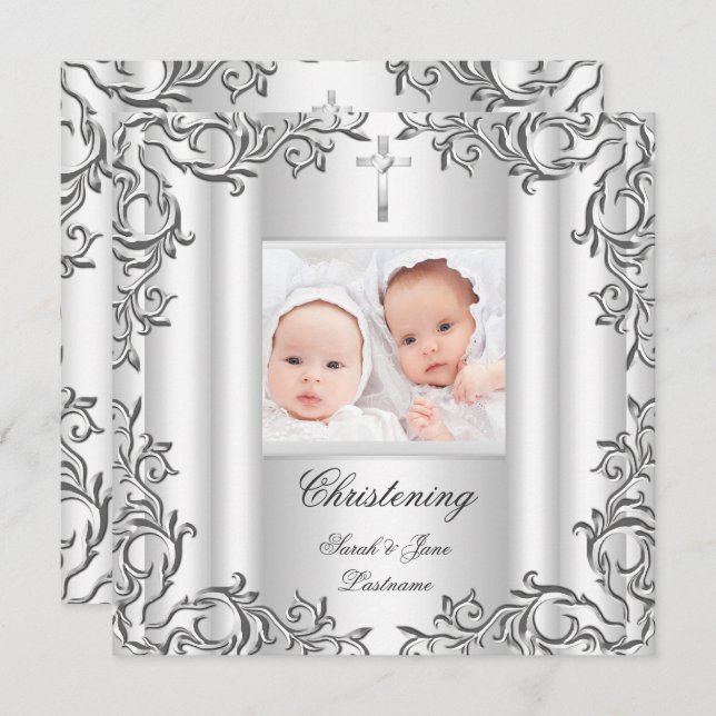 Convite Gêmeos Menina Menino Cristo Batismo Branco (Frente/Verso)