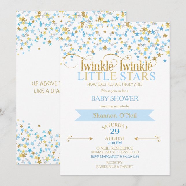 Convite Gêmeos Menino Azul Bebê e Dourado Estrelinha Brilh (Frente/Verso)