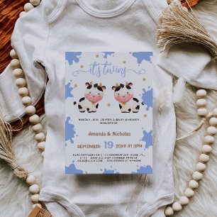 Convite Gêmeos Meninos Azul Vaca Baby Shower Boho