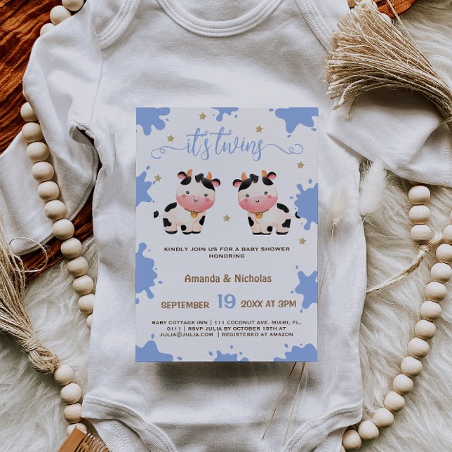 Convite Gêmeos Meninos Azul Vaca Baby Shower Boho (Criador carregado)
