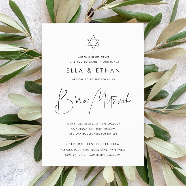 Convite Gêmeos Minimalistas Modernos B'nai Mitzvah (Criador carregado)