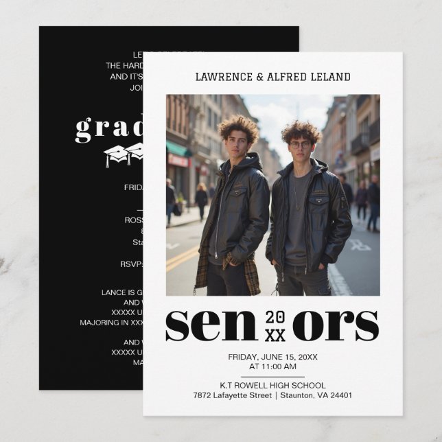 Convite Gêmeos Modernos Negritos Irmãos Seniores Graduação (Frente/Verso)