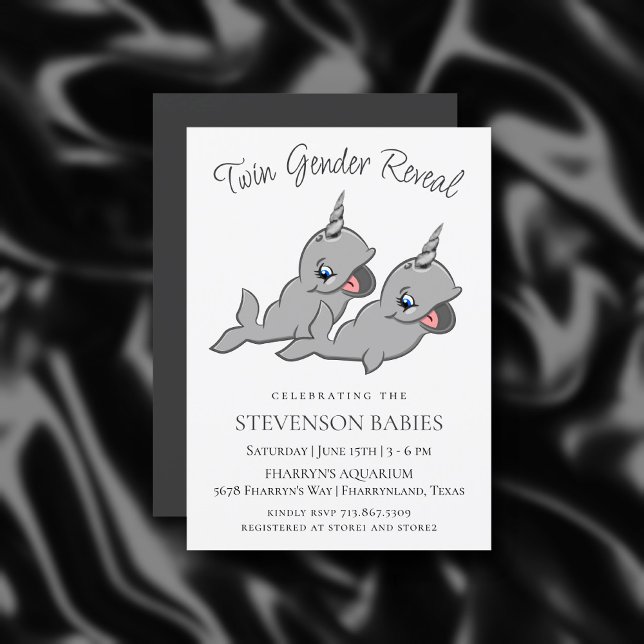 Convite Gêmeos Narwhal | Cinza Chibi Cartoon Gender Reveme (Criador carregado)
