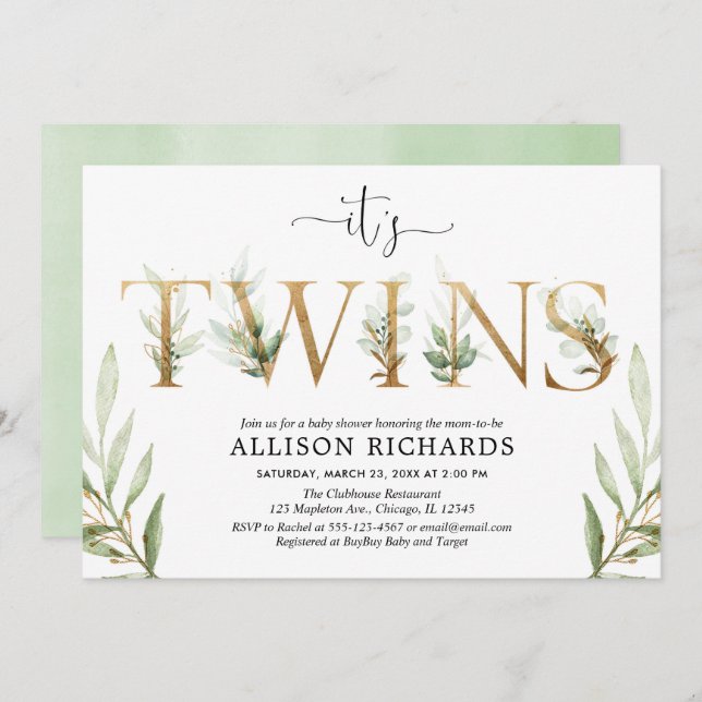 Convite Gêmeos neutros do gênero chá de fraldas verde (Frente/Verso)