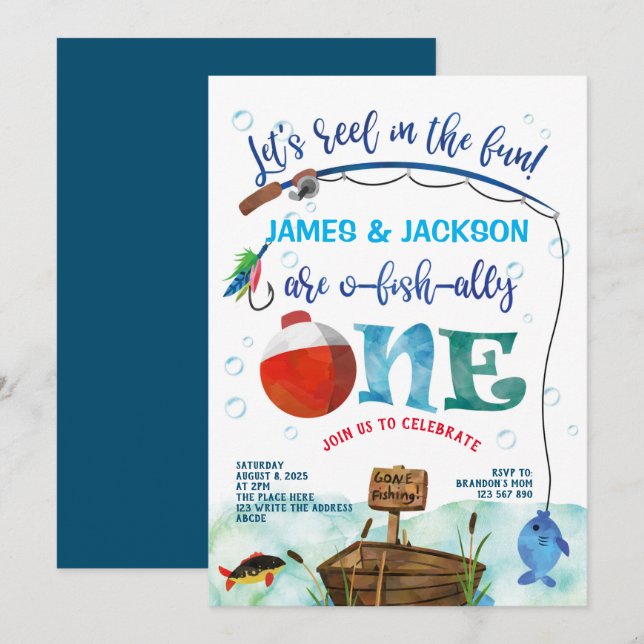 Convite Gêmeos O-peixe-aliado Pequeno primeiro aniversario (Frente/Verso)