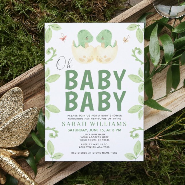 Convite Gêmeos Oh Bebê Dinossauro Chá Aquarela (Get ready for a Jurassic celebration with our adorable dinosaur baby shower invitations! 🦕)