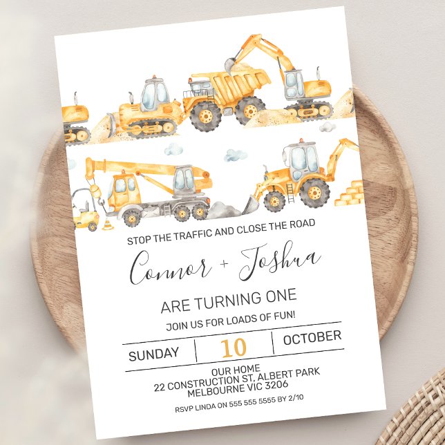 Convite Gêmeos Param O Tráfego Em Construção Aniversário (Modern Twin Boys Construction 1st Birthday Invitation Roadwork Stop The Traffic Excavators Truck)