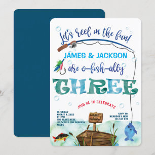 Convite Gêmeos pescando meninos temáticos 3º aniversár