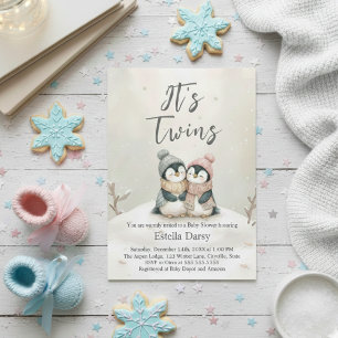 Convite Gêmeos Pinguins Inverno Churrasco de Bebê Menino M