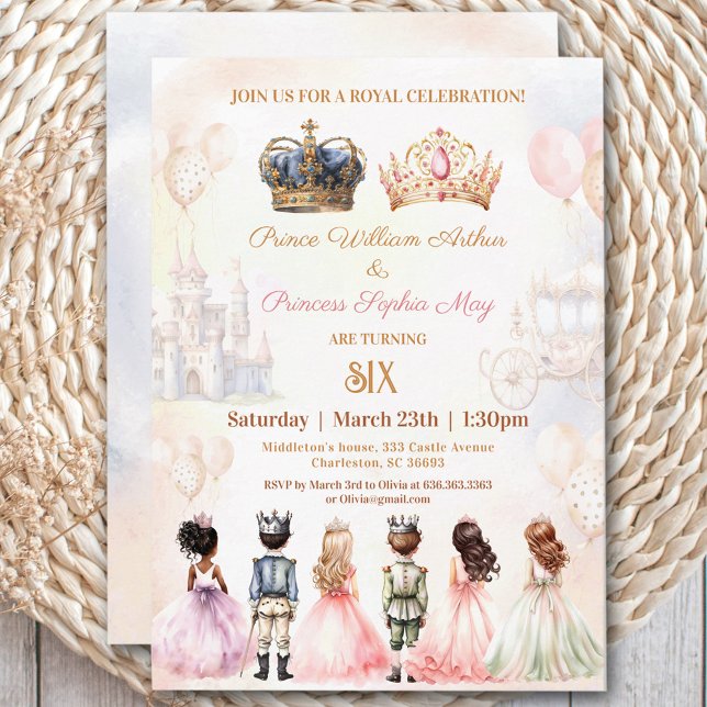 Convite Gêmeos Príncipe Princesa Coroa Aniversário Real (Twins Prince Princess Crown Royal Birthday Invitation)