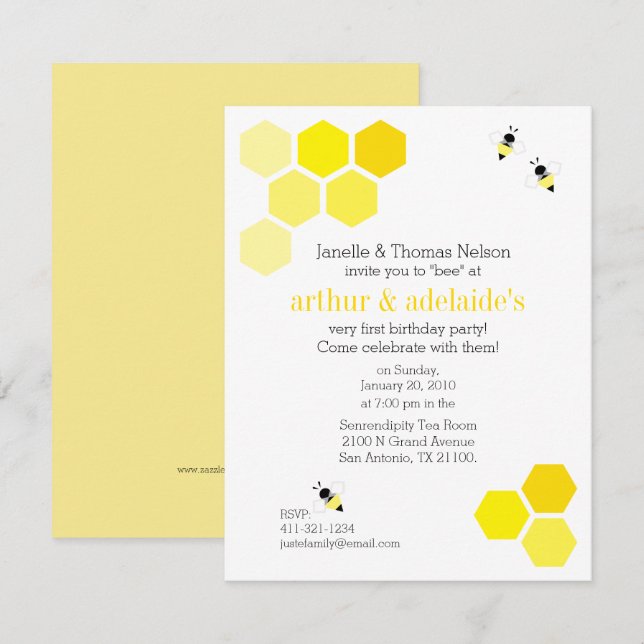 Convite gêmeos QUAISQUER FESTA DE ANIVERSÁRIO de abelhas (Frente/Verso)