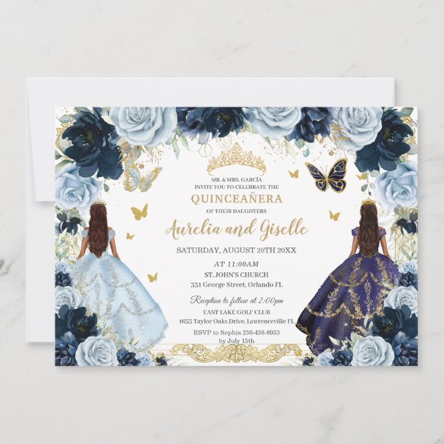 Convite Gêmeos Quinceañera Imprime Marinho Azul Floral (Frente)